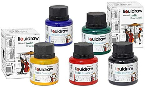 Liquidraw Coloured Drawing Ink Set India Ink, Waterproof, Set of 5 Assorted Colours, 35ml