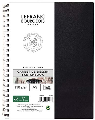 Lefranc Bourgeois 301348 Studio Skizzenbuch 80 Blatt - A5, 110 g/m², Spiralgebunden, Skizzenpapier mit feinkörniger Oberfläche zum Zeichnen mit Bleistiften, Kreide, Kohle und anderen Trockentechniken
