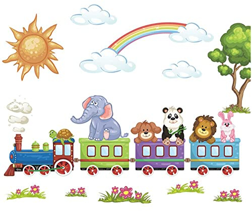 COVPAW® Wandtattoo Wandaufkleber Tiere in Zug Eisenbahn Regenbogen Baby Wandsticker Wandbild Bilder Babyzimmer Schlafzimmer Spielraum Deco Kind Jungen Mädchen (A)