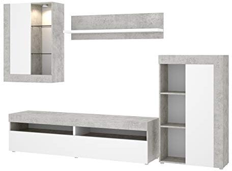 Mobelcenter - Mueble de Salón Tokio - Módulo TV, Módulo con estantes, Módulo Superior y Estante - Acabado en Color Cemento y Blanco - Medidas: Ancho: 254 cm x Alto: 112 cm x Fondo: 42 cm - (1200)