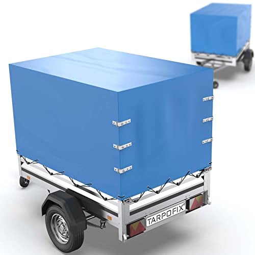 Tarpofix® Anhänger Plane 210x115x130 cm inkl. Planenseil | Anhängerplane Hochplane aus PVC PLANENMATERIAL | Verstärkte Stema Hänger Abdeckplane für 750kg PKW Autoanhänger | Abdeckung Blau