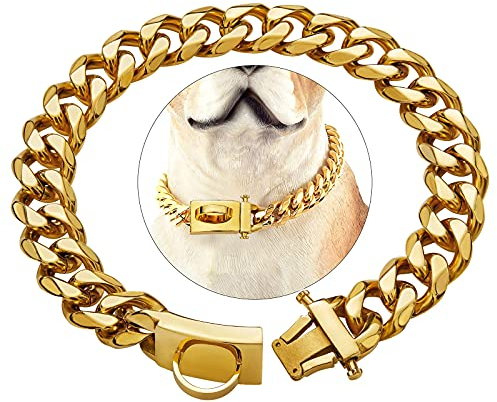 Collier en pour Chien en Or avec Boucle de Conception sécurisée, résistant à la Mastication, Collier de Laisse en chaîne d'entraînement en Acier Inoxydable Robuste (Or, 18'')