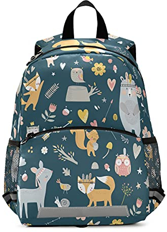 ISAOA Rucksack mit niedlichem Waldtiermotiv, Eichhörnchen, Bär, Hirsch, Fuchs, Eule, Kleinkind-Rucksack mit Zügeln für Jungen und Mädchen, Kinderrucksack, Kindergarten, Reisetasche mit Brustclip,