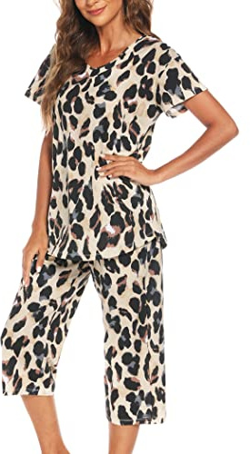 ENJOYNIGHT Conjunto de pijama de teñido anudado para mujer, camiseta de manga corta con pantalones capri, conjunto de 2 piezas