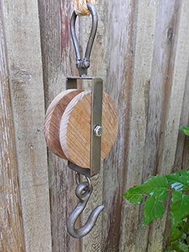 Deko-Impression Flaschenzugrolle mit Haken Blumenampelhaken Kleiderhaken Eisen Holz an Seil 80cm