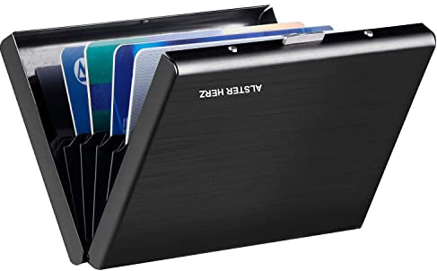 Alster Herz* Kartenetui Kreditkarten Etuis RFID NFC Schutz, Damen Herren aus gebürstetem Edelstahl, Visitenkarten Etuis 6 Fächer, EC Karten, Bargeld Hülle Kreditkartenetui (Schwarz)