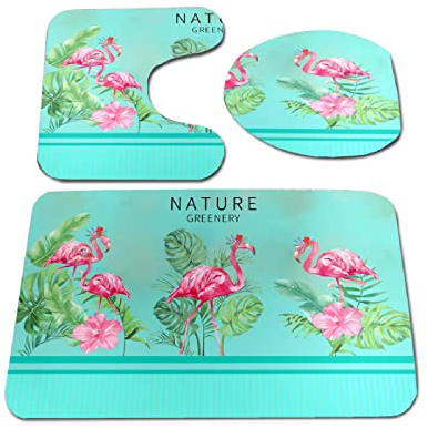 HJOSWVNS Badezimmerteppich Cyan-Blatt-Flamingo Badematte Badezimmer Set 3 Teilig rutschfest Badteppich 45x75cm Maschinenwaschbar Badvorleger für Wohnzimmer, Schlafzimmer, Toilette