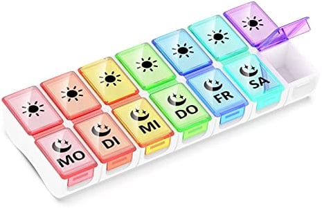 GeekerChip Tablettenbox 7 Tage 2 Fächer,Pillendose 7 Tage Medikamentenbox,Morgens Abends 14 Fächer Pillenbox Medikamentendosierer(Deutsche Version)