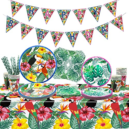 XJLANTTE Suministros para fiestas hawaianas Luau – Pancarta de cumpleaños tropical, platos de papel de tucán, servilletas, vasos, mantel y pajitas de papel para fiesta, para 20 invitados (01)