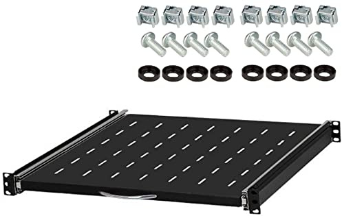 1 HE ausziehbare Rackablage, 45 cm tief in Schwarz RAL 9005, 19 483 mm ausziebarer Fachboden Trägereinschub Rack Ablage Boden