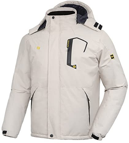 SwissWell Herren Winter Fleecejacke Warm gefütterte Skijacke Outdoor Regenjacke Skijacke Windjacke mit Kapuze Outdoor-Sportarten Cremeweiß 2XL