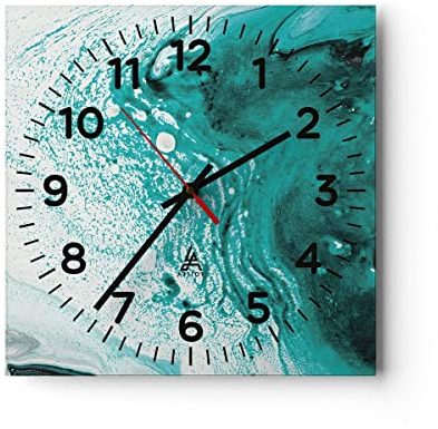 Modern Wanduhr Abstraktion Türkis Flüssigkeit 30x30cm Quadrat Klein Wand Uhr Glas Analog Zimmeruhren Küche Büro Wohnzimmer Glasuhr Wall Clock Dekoration Design Wanddekoration Küchenuhr C4AC30x30-4572