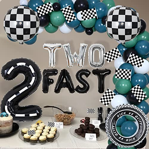Cheereveal Zwei schnelle Geburtstagsdekorationen für Jungen, Vintage, Rennauto, Geburtstagspartyzubehör, blaue und grüne Ballongirlande, Kit mit karierten Folienballons, Girlande für Kinder Geburtstag