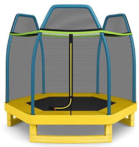 COSTWAY 7ft Kids Trampoline, Heavy Duty Hexagonal Trampolines with Safety Enclosure Net, Seamless Spring Pad and Zipper, Indoor Outdoor Jumping Trampolines for Toddles (Yellow)