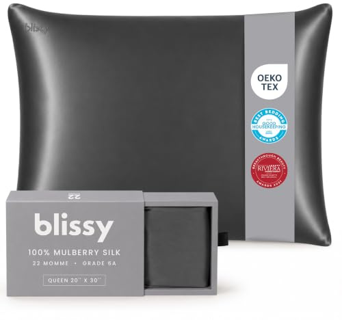 BLISSY Silk Pillowcase - 100 Percent Pure Mulberry 22 Momme 6A High-Grade Fibers Satin for Hair & Skin Regular, Queen King Size Pillow Case with Hidden Zipper Moisture Wicking, Gray
