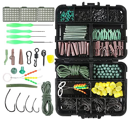 Angelzubehör-Set für Karpfenangeln, 275-teiliges Angelzubehör-Set, inklusive Vorfach-Clips, Perlen, Haken, Röhren, Wirbel, Köder-Terminal Rigs
