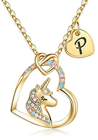 TINGN Einhorn Geschenke für Mädchen, 14K Gold Vergoldet Herz Anhänger Einhorn Halskette für Mädchen Einhorn Gold Kette mit Buchstaben P Kette Mädchen Einhorn Geburtstag Geschenke für Mädchen Schmuck