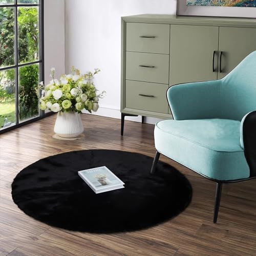 Latepis Black Round 90cm Circle Rug Fluffy Faux Rabbit Fur Furry Shag Washable Circle Rug Plush Cute Carpet for Living Room, Dorm, Nursery, Kids Room Cute Carpet for Bedroom