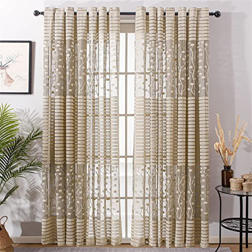 Gardinen Vorhang halbtransparent mit Ösen,Gardinen Wohnzimmer,Ösenvorhang Transparent Vorhang für Kinderzimmer Wohnzimmer Schlafzimmer,1er Set 270x260 cm(HöhexBreite), Goldenes gestreiftes Blatt