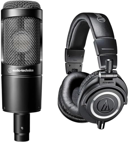 Audio-Technica 2035 Cardioid Condenser Microphone Black & M50x Professional Monitor Headphones Black