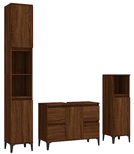 vidaXL Badmöbel Set 3-TLG., Badschrank Metallfüße, Badezimmer Unterschrank Hochschrank Midischrank, Badezimmermöbel, Braun Eichen-Optik Holzwerkstoff