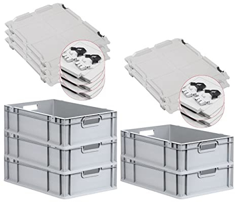 PROREGAL SuperSparSet 5x Eurobox NextGen Grip mit Scharnierdeckel und schwarzen Schiebeschnappverschlüssen, HxBxT 17x40x60cm, 34 L, Grau, Griffe offen, Eurobehälter, Transportbox