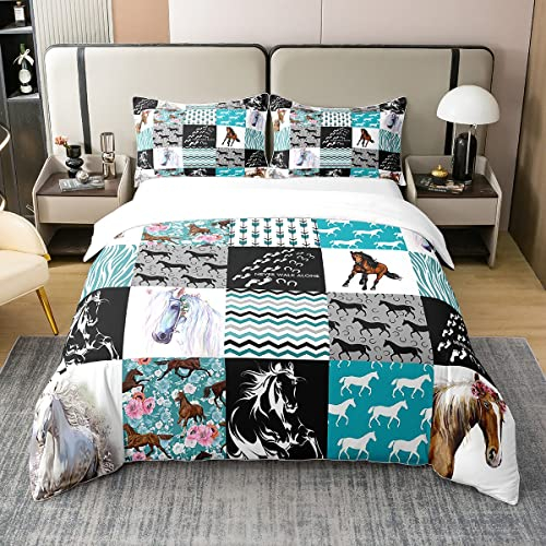 Pferd 100% Gewaschene Baumwolle Bettbezug,Western Bauernhaus Tröster Bezug für Mädchen 155x220 Bett,Kinder Boho Pfeil Teal Zebra Streifen Bettwäsche,Rose Blume Rustikale Cowboy Bettbezug Schwarz Weiß