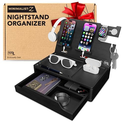 EcoLeafy Dot Nachttisch-Organizer mit Schublade, Handy-Dockingstation aus Holz, Schreibtisch-Organizer für zwei Handys oder Tablets, Uhren, Kopfhörer und Zubehör, einzigartige Geschenke für Männer,