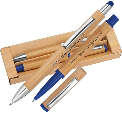 Schreibset aus Bambus mit Gravur / Kugelschreiber und Tintenroller / Farbe: blau