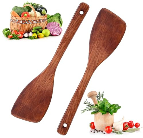 2 Stück Pfannenwender holz, kochlöffel holz, Holzspatel zum Kochen, Holzschaber Küchenspatel mit Langem Griff aus Massivholz Hartholz Premium Pfannenheber aus Holz 33x8 cm