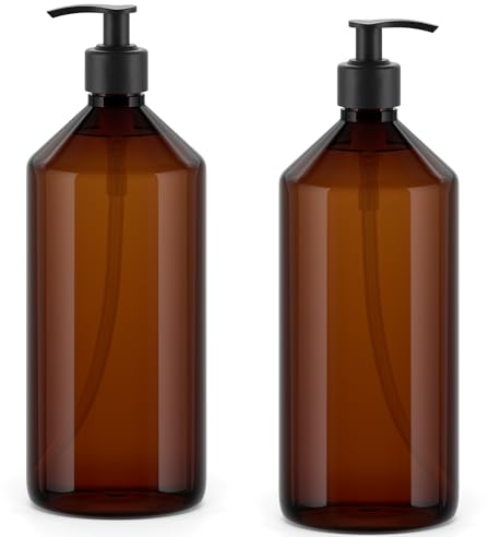 Essenciales Dispensador de Gel y Champu Baño 1L - 2 Botellas de Plástico Rellenables y Recargables Ideales para jabón, loción y champú