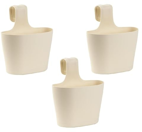 ENGELLAND 3 x Blumentopf zum Auf-Hängen, Geländertopf, Beige, Hängetopf, Balkon-Kasten, oval, Übertopf, Pflanzkasten, mit Wasserspeicher/Wasserauffangschale, 2,8 Liter