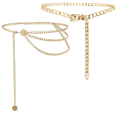 BDSHUNBF 2 Pcs Ceinture Chaîne pour Femme, Dorée, Multicouche - Chaîne de Taille et Ventre pour Robe et Jupe