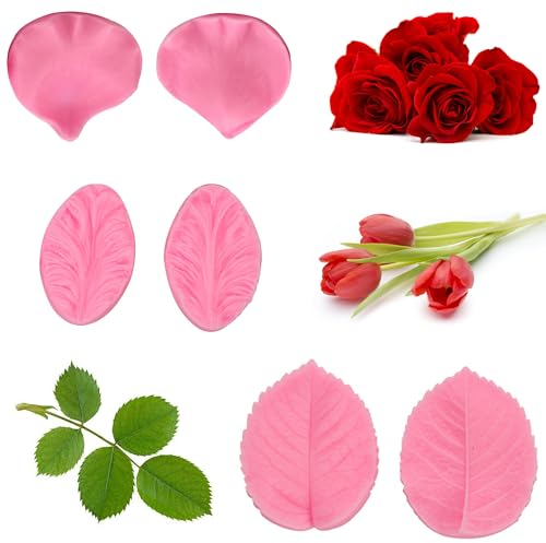 Niuhong 6 Pcs Moldes Silicona Fondant Pétalos Rosa Molde Flor Tulipán Molde Decoración Hojas Molde Silicona Artesanal Azúcar Hornear Pasteles Flores Forma Hecha Mano Chocolate Flores