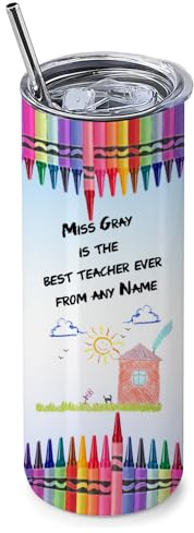 Teachers Gift, Personalised World Best Teacher, Crayons Designed Bottle, 20 OZ Stainless Steel Skinny Tumbler, Double Walled Vacuum Insulated with Closed Lid and Metal Straw.