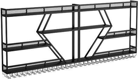 Portabottiglie Da Muro Per Vino Con Luci A LED Porta Bottiglie,Cantinetta A Parete Con Portabicchieri,Supporto Montaggio Creativo Industrial,Porta Calice,Per Cucina,Bar,Cantina,Sala Pranzo,Oro/Nero (