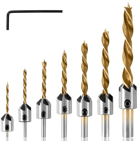 Set di Punte Elicoidali in Metallo Con Svasatore - 7 Pezzi per Legno, Trapano Conico, Foro Svasato, Spirale Con Alesatore per Lavorazione del Legno