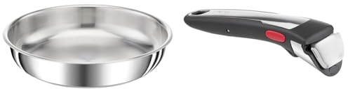 TEFAL Ingenio Poêle 24 cm, Induction, Acier inoxydable haute qualité, Empilable & Ingenio Poignée amovible Premium noire, Empilable, Verrouillage sécurité 3 points, Supporte jusqu'à 10 kg