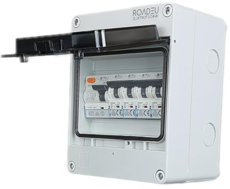RoadEu - Coffret Electrique Etanche IP65 230V - Boîte à Disjoncteurs 10A et 16A 1+3, Tableau Électrique Équipé d’un Interrupteur Différentiel t, Disjoncteurs 2P C. Coffret électrique hermétique