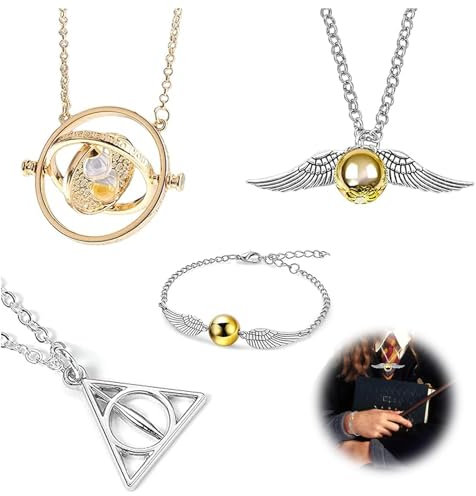 AHEJIOO Lot de 4 colliers avec pendentif Vif d'or, Salutations de la mort, sablier, collier et bracelets pour les fans Collection Halloween Cosplay, pour collectionneurs ou comme décoration, cadeau