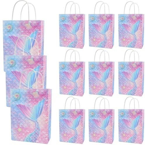 Nivofu 12 Stück Geschenktüten Bunt, Meerjungfrau Party Taschen, Papiertüten aus Kraftpapier mit Henkel, Gastgeschenke Tüten, Mitgebseltüten, Geschenktüten für Geburtstag - 15 * 8 * 21 cm (Rosa-A)