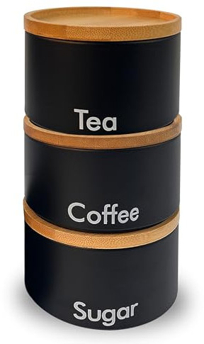 Top 3 Tea Coffee and Sugar canisters set | kitchen storage & organisation | pantry cupboard organiser | 3pc matching stackable airtight containers with bamboo lids