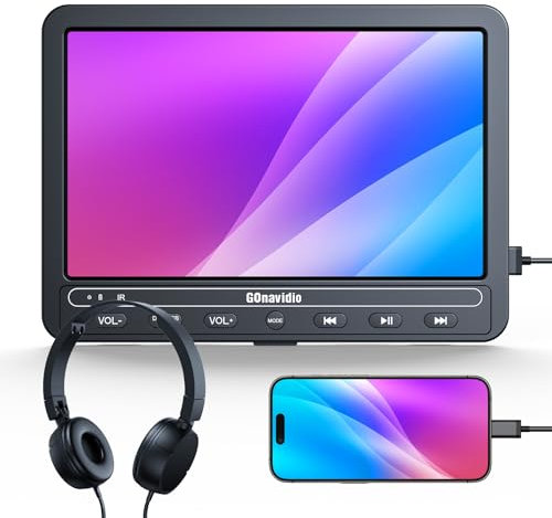GOnavidio Lecteur DVD portable pour voiture 10,1 avec entrée HDMI, batterie rechargeable intégrée, lecteur DVD de voiture compatible avec carte USB/TF, mémoire la plus récente