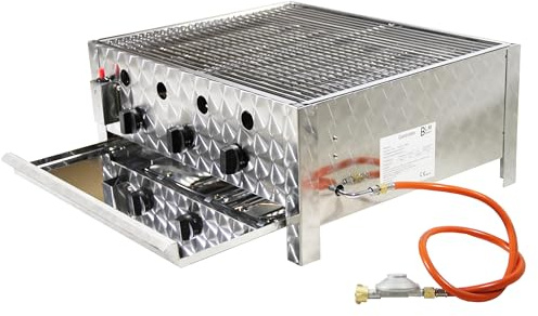 Edelstahl Gasbräter Gasgrill 10 kW fahrbar – 3-flammig mit Grillpfanne, Gestell, Gasschlauch & Druckminderer – Profi Gastro & Camping (Set 2 – Gasbräter B01 + Grillset G03)