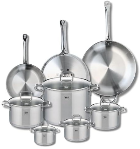 ELO 9513850 Batterie de cuisine 8 pièces, Ensemble de 3 Poêles de cuisson 24, 28 et 32 cm et 5 faitouts 12, 14, 16, 20 et 26 cm Elo Profi Citrin, inox, induction
