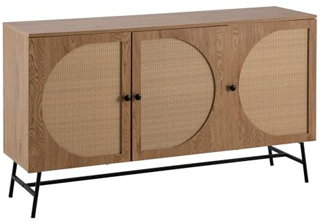 KADIMA DESIGN Sideboard 140x80x39 cm Kommode Eiche-Dekor mit Rattan Geflecht Modern | Hoher Kommodenschrank | Standschrank mit 3 Türen | Anrichte Wohnzimmer