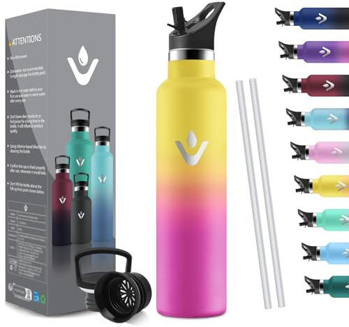HoneyHolly Bouteille Isotherme 1L, étanche sans BPA, Gourde Isotherme, Double Paroi, Bouteille, 18/8 Acier Inoxydable, Gourde INOX, avec Paille, Bouteille d'eau pour Sport, Randonnée, École, Bureau