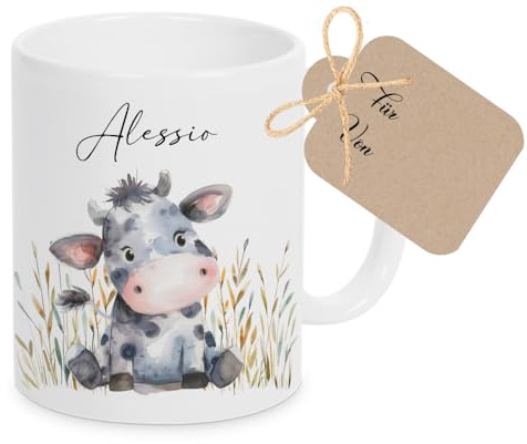 Manufaktur Liebevoll Tasse mit Namen Kinder Kindertasse mit Namen Becher Keramik Mädchen Junge Namenstasse Kuh Bauernhof Geschenk
