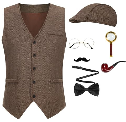 GRAJTCIN Detective Costume Set Sherlock Holmes Costume Set for Adult Men Halloween Cosplay Outfit 7 PCS (Brown-L)