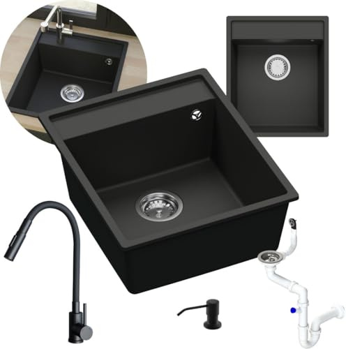 GRANMASTER Magma Granitspülbecken Komplett-Set Flexiblen DUAL Wasserhahn, Siphon, Seifenspender – 1-komoriger Spülbecken kratzfest hitzebeständig modernes Design für die Küche
